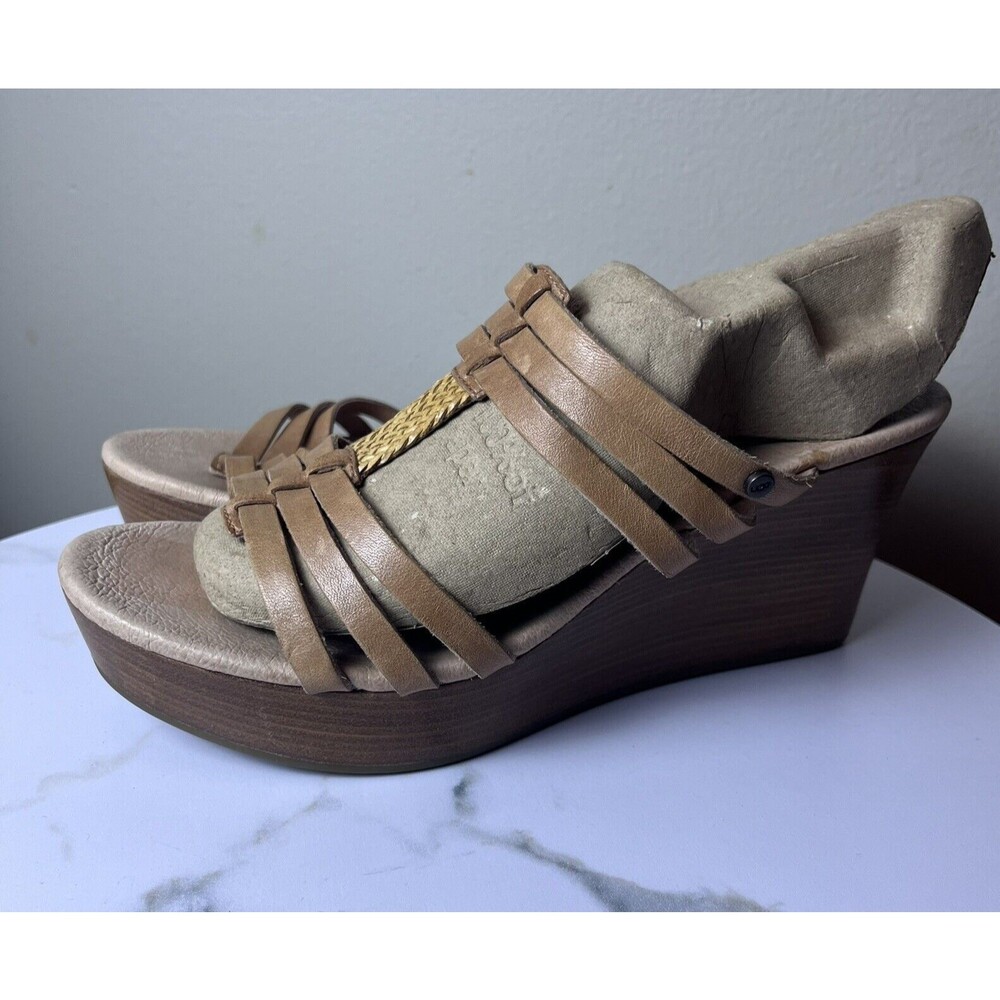 UGG Mattie Brown Leather Wedge Heel Wood Platform Slip On Sandals Size 8.5